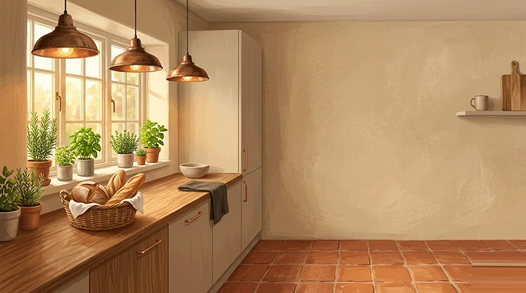 Cocina española recién terminada con luz dorada de tarde, suelo de azulejo terracota, paredes color arena y lámparas de cobre