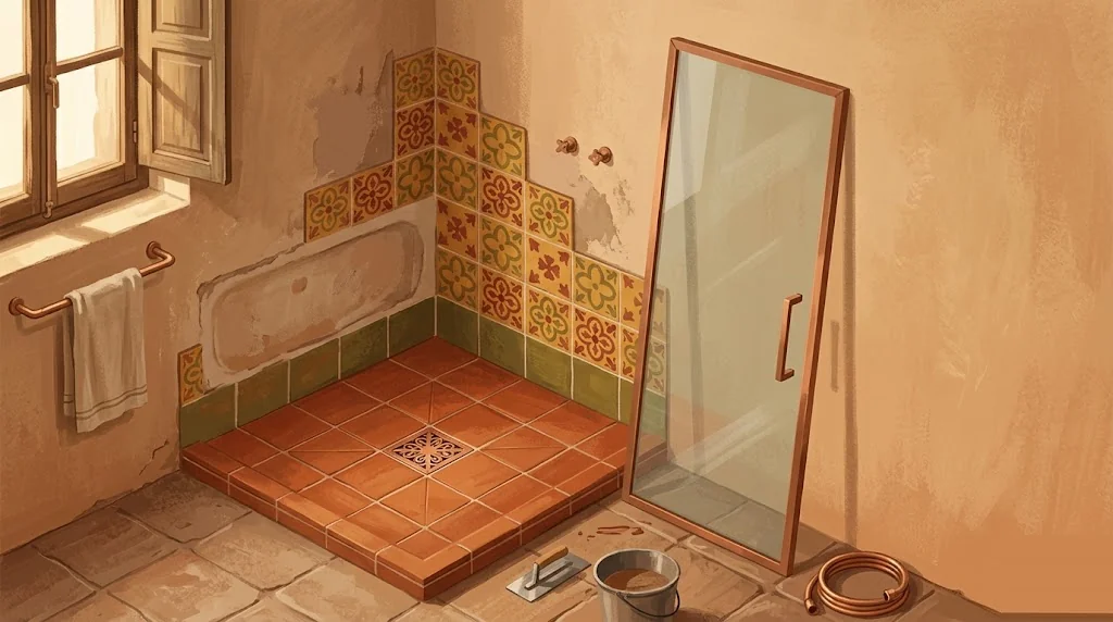 Baño español en transición con la bañera ya retirada y la nueva base de ducha azulejada con tonos terracota
