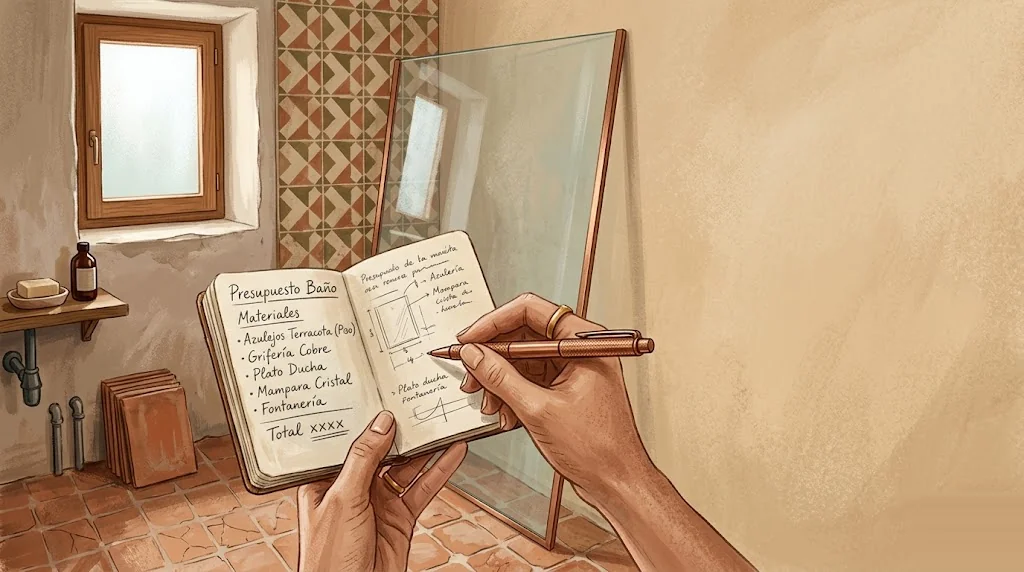 Esquina íntima de baño español con cuaderno de presupuesto sobre encimera y bolígrafo de cobre, mampara de cristal lista para instalar