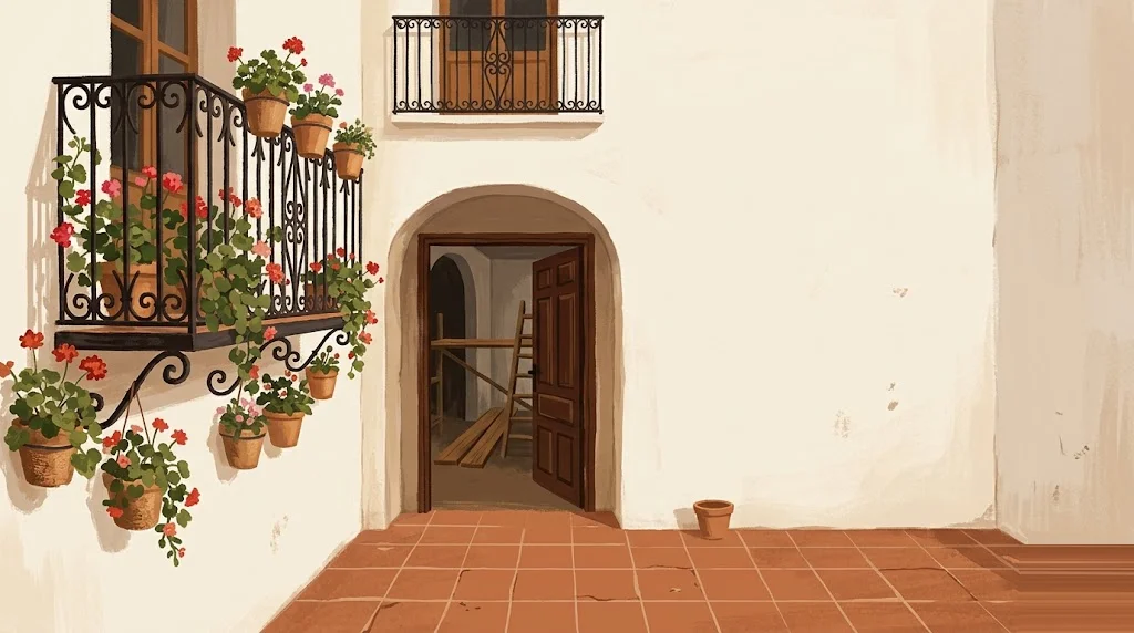 Ilustración editorial de arquitectura tradicional de Andalucía con paleta tierra-cobre, escena de rehabilitación residencial