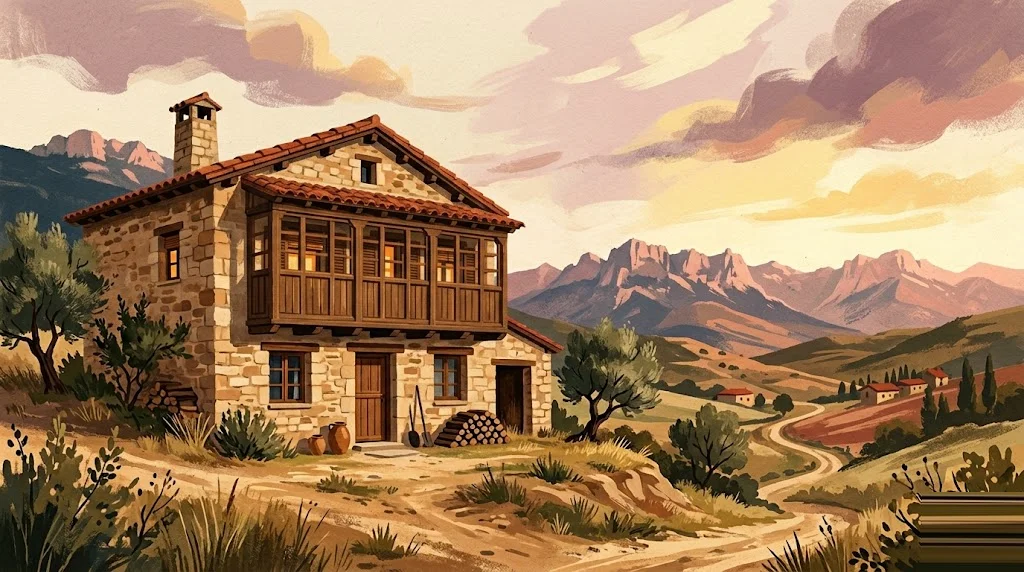 Ilustración editorial de arquitectura tradicional de Aragón con paleta tierra-cobre, escena de rehabilitación residencial