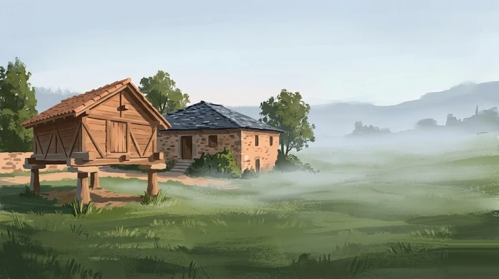 Ilustración editorial de arquitectura tradicional de Islas Baleares con paleta tierra-cobre, escena de rehabilitación residencial
