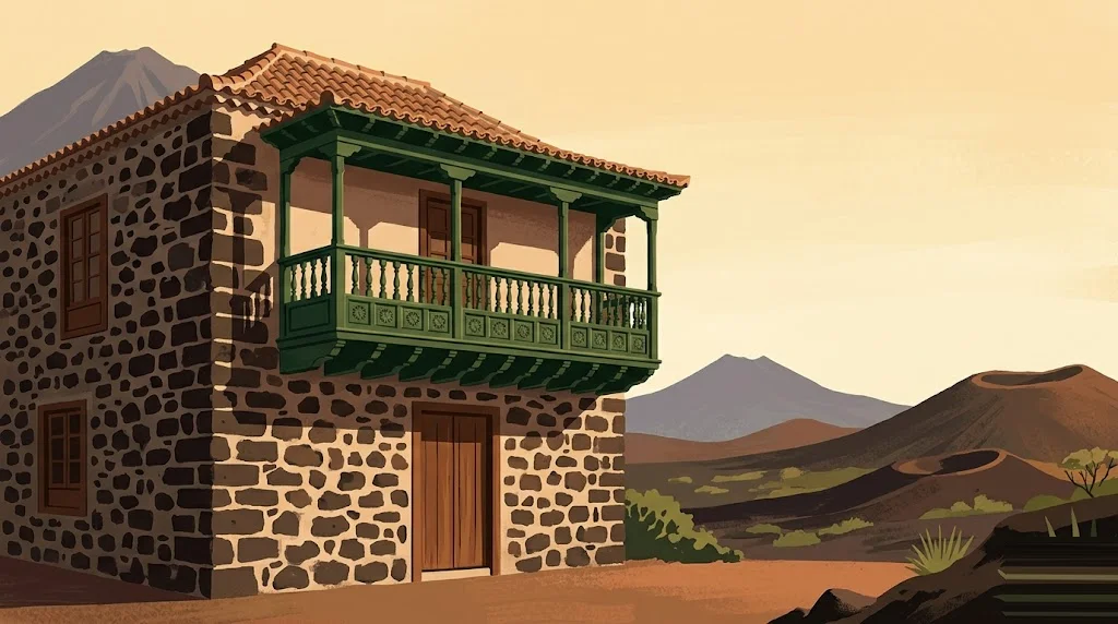 Ilustración editorial de arquitectura tradicional de Canarias con paleta tierra-cobre, escena de rehabilitación residencial
