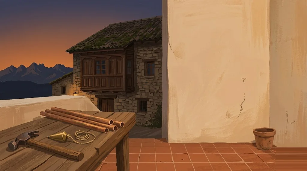 Ilustración editorial de arquitectura tradicional de Cantabria con paleta tierra-cobre, escena de rehabilitación residencial