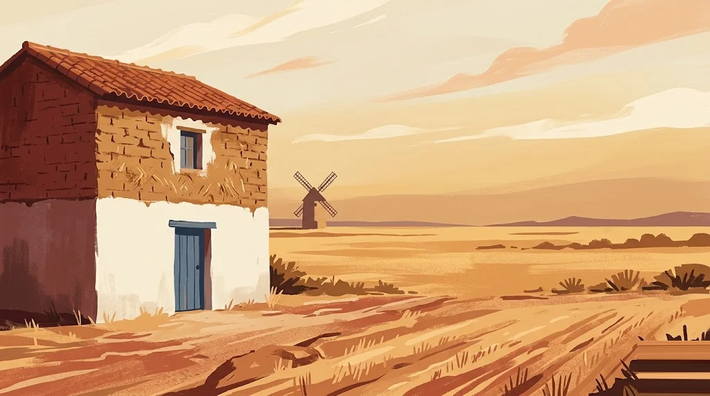 Ilustración editorial de arquitectura tradicional de Castilla-La Mancha con paleta tierra-cobre, escena de rehabilitación residencial