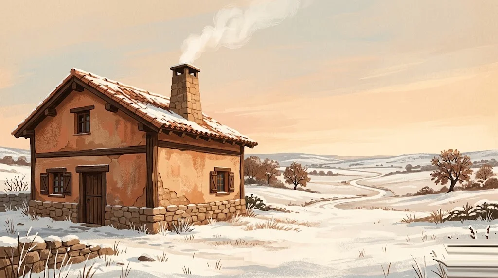 Ilustración editorial de arquitectura tradicional de Castilla y León con paleta tierra-cobre, escena de rehabilitación residencial