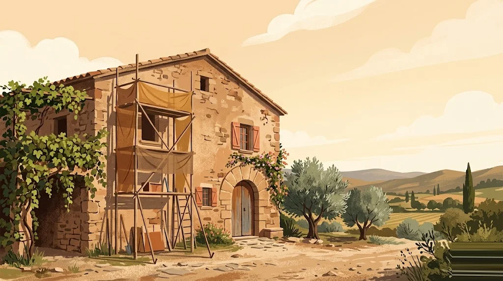 Ilustración editorial de arquitectura tradicional de Cataluña con paleta tierra-cobre, escena de rehabilitación residencial