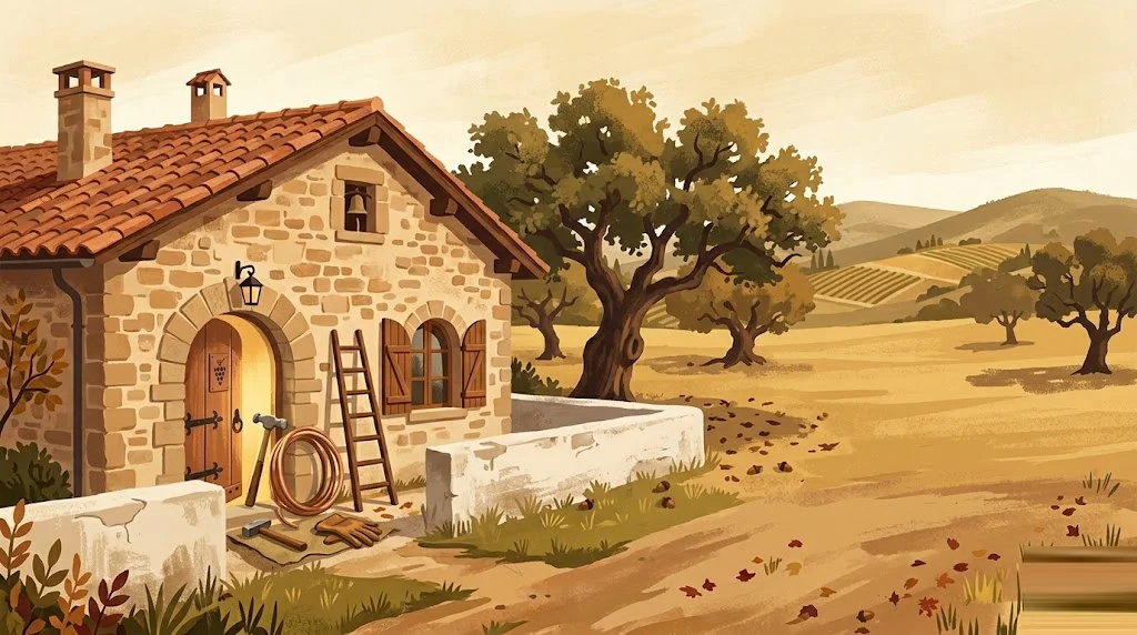 Ilustración editorial de arquitectura tradicional de Extremadura con paleta tierra-cobre, escena de rehabilitación residencial