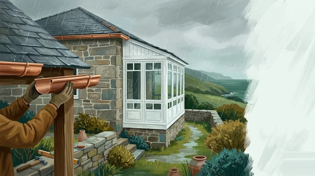 Ilustración editorial de arquitectura tradicional de Galicia con paleta tierra-cobre, escena de rehabilitación residencial