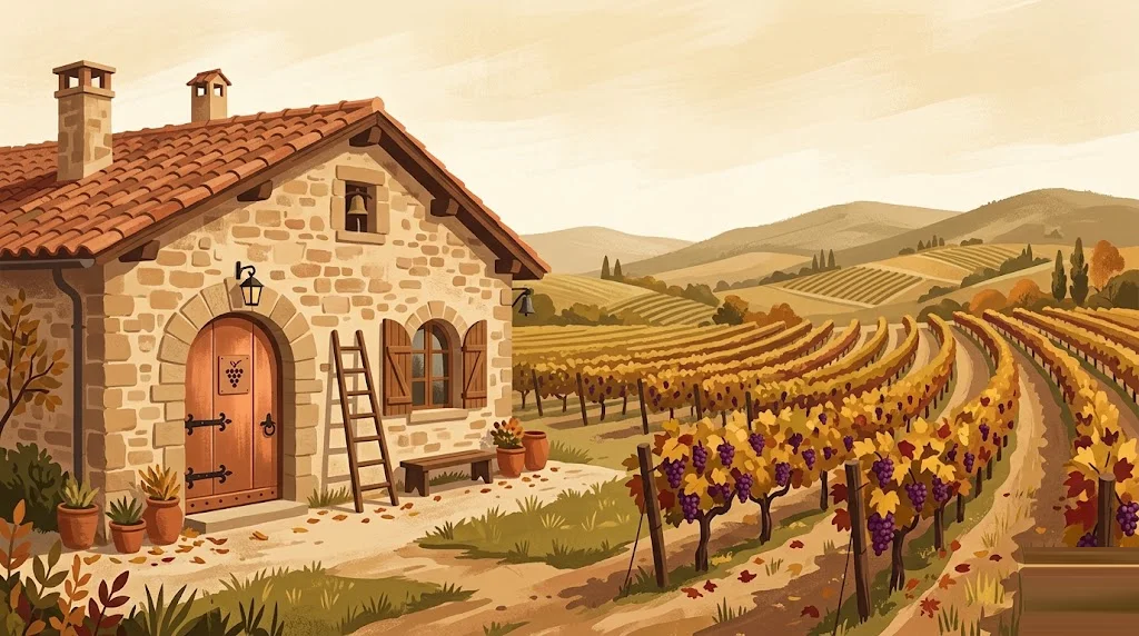 Ilustración editorial de arquitectura tradicional de La Rioja con paleta tierra-cobre, escena de rehabilitación residencial