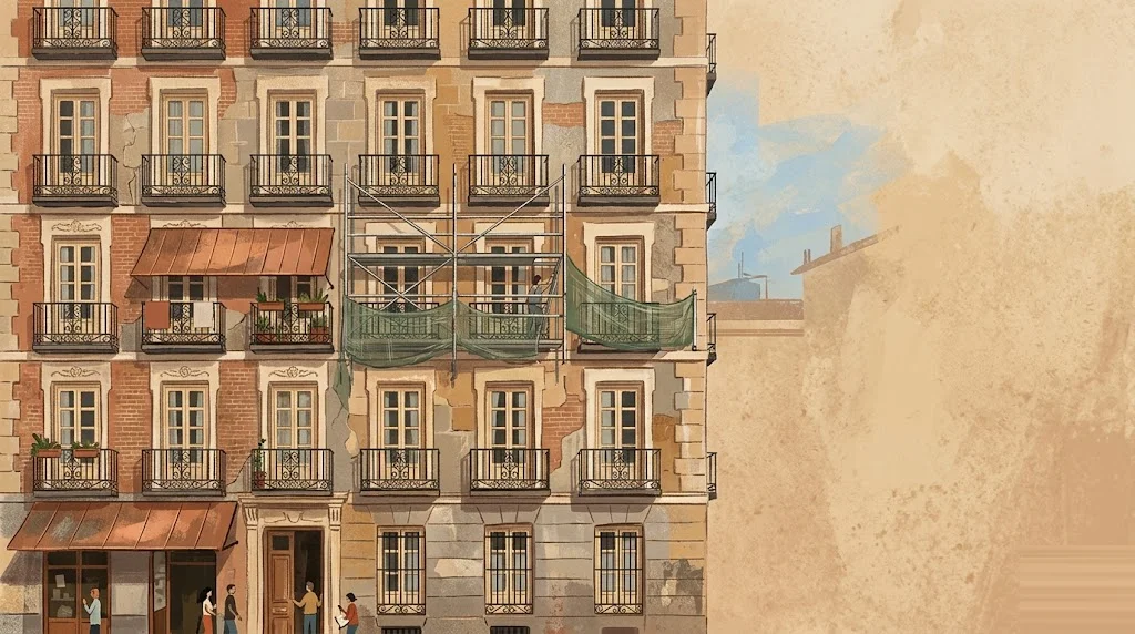 Ilustración editorial de arquitectura tradicional de Comunidad de Madrid con paleta tierra-cobre, escena de rehabilitación residencial