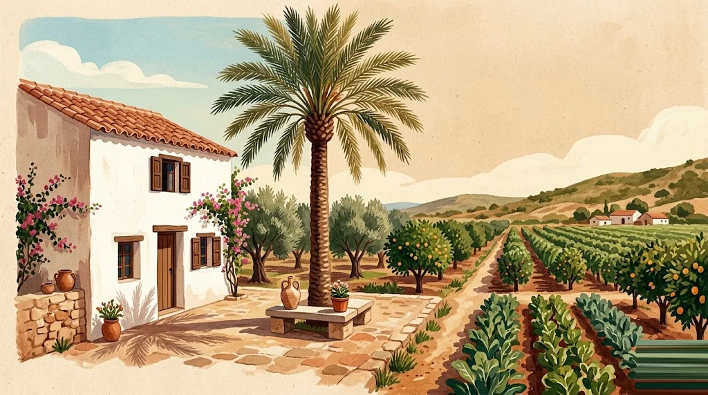 Ilustración editorial de arquitectura tradicional de Región de Murcia con paleta tierra-cobre, escena de rehabilitación residencial