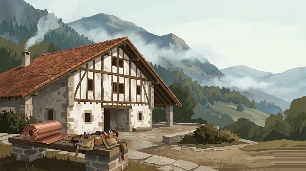 Ilustración editorial de arquitectura tradicional de Navarra con paleta tierra-cobre, escena de rehabilitación residencial