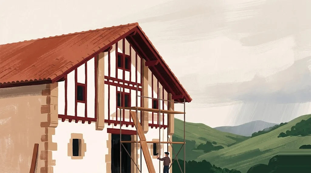 Ilustración editorial de arquitectura tradicional de País Vasco con paleta tierra-cobre, escena de rehabilitación residencial