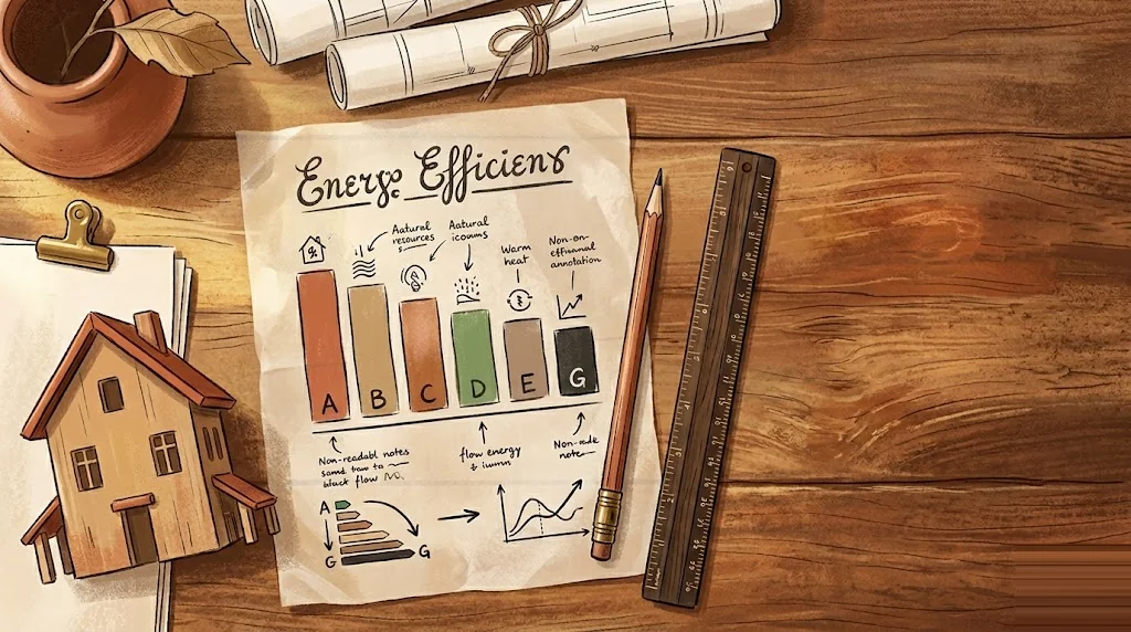 Mesa de arquitecto vista cenital con gráfico de calificación energética dibujado a mano sobre papel cálido y maqueta de casa de madera