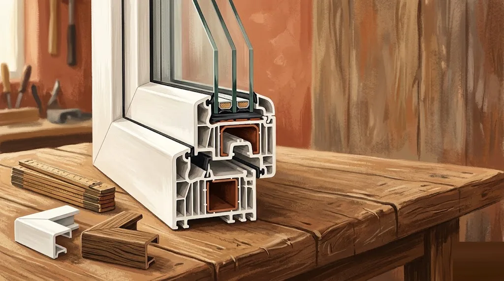 Sección de un perfil de ventana de PVC con sus cámaras interiores y un vidrio grueso, sobre una mesa de taller
