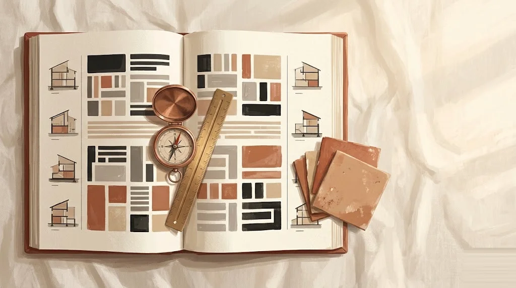 Libro técnico de referencia abierto sobre lino color crema con brújula de cobre, regla de latón y muestras de baldosa en tonos tierra