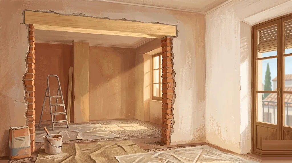 Salón de vivienda con tabique parcialmente demolido y puntales metálicos amarillos sosteniendo el forjado superior, paleta tierra-cobre