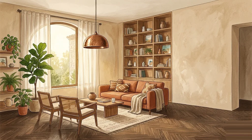Salón de vivienda española tras rehabilitación profunda con suelo de espiga, paredes color arena y luz dorada de tarde