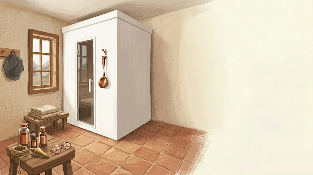 Cabina de sauna blanca sobredimensionada en una sala pequeña con suelo de terracota