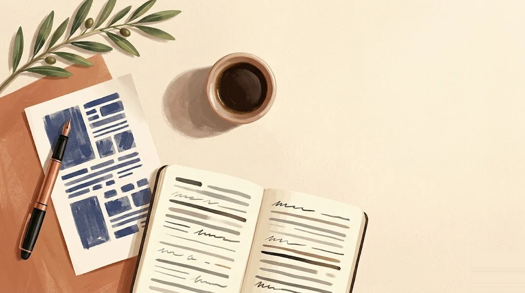 Escritorio editorial con pluma estilográfica de cobre, taza de café y manuscrito a media doblar bajo luz cálida de tarde