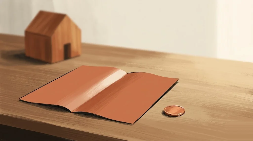 Hoja de papel cálido doblada sobre escritorio de madera con moneda de cobre y maqueta de casa al fondo