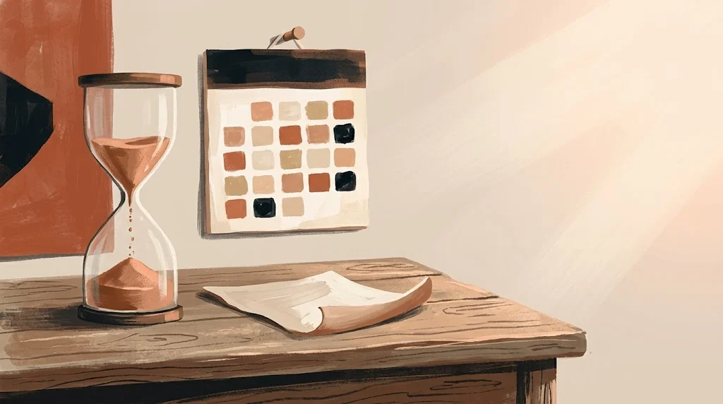 Reloj de arena de sobremesa con cobre cayendo lentamente, calendario abstracto al fondo y luz cálida de tarde