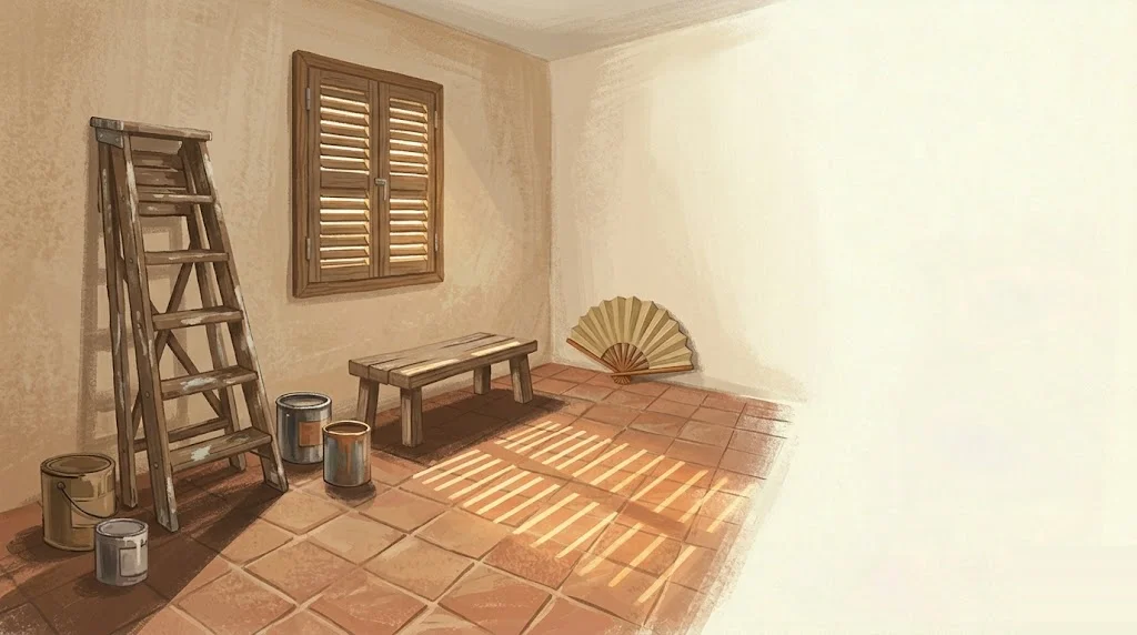 Interior tranquilo a media obra con botes de pintura, escalera plegada y ventilador, luz intensa entre persianas