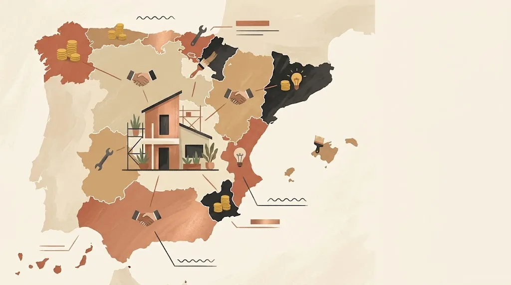 Ayudas a la reforma por toda España: un mapa estilizado del país dividido en regiones con pequeñas marcas de monedas y ayuda sobre varias comunidades y una casa en el centro