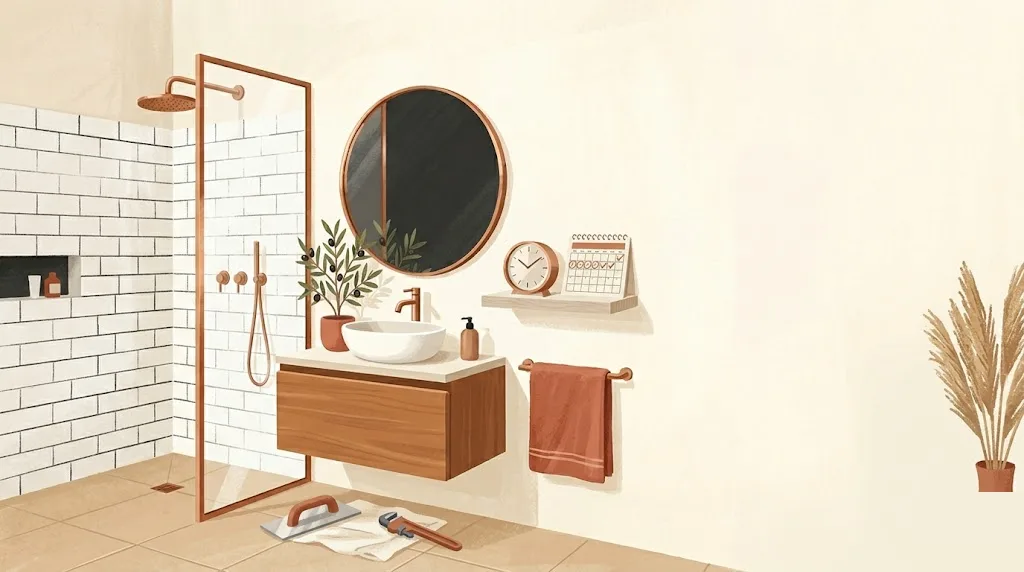 Baño recién alicatado con un calendario de pared que marca apenas unos días y un pequeño reloj, con las herramientas ya recogidas