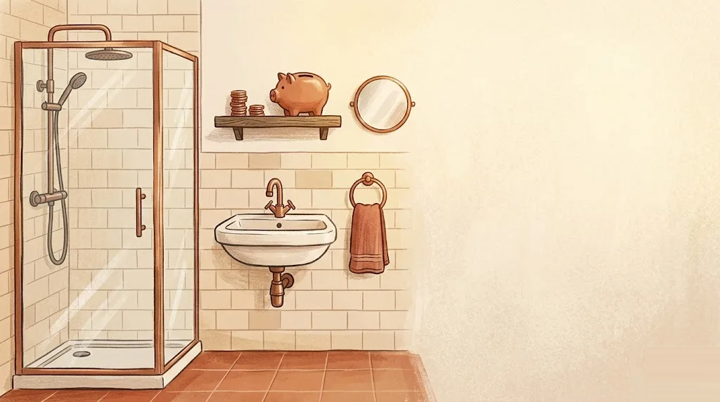 Lavado de cara de un baño con presupuesto ajustado: azulejos sencillos y limpios, ducha y lavabo básicos, una hucha en la balda que evoca el ahorro
