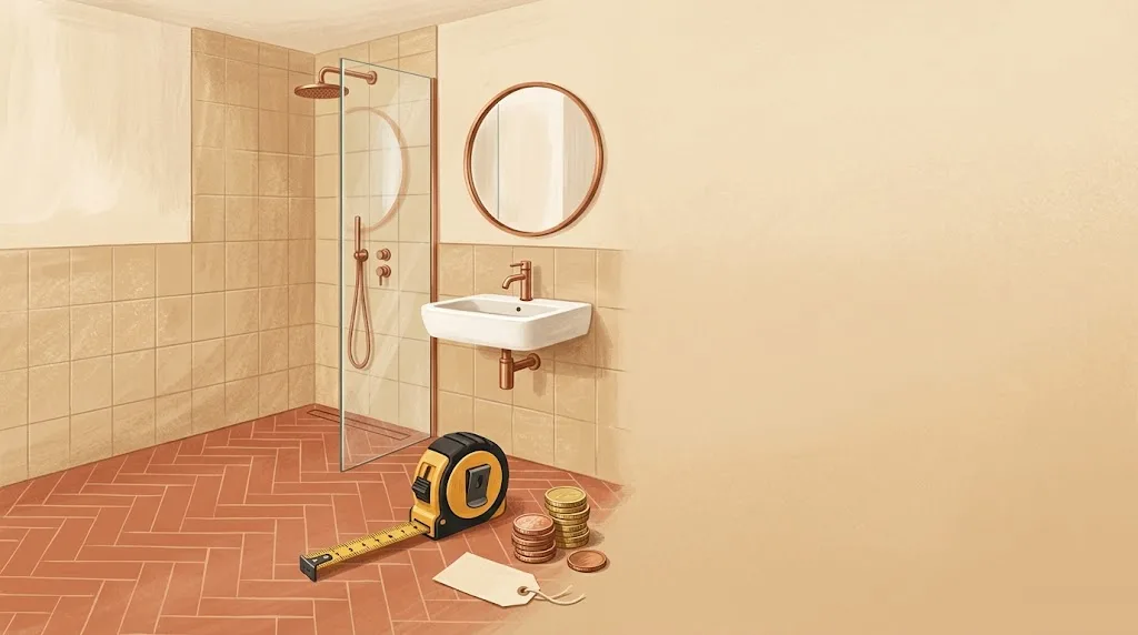 Baño reformado con ducha y lavabo, una cinta métrica en el suelo y unas monedas junto a una etiqueta de precio en blanco