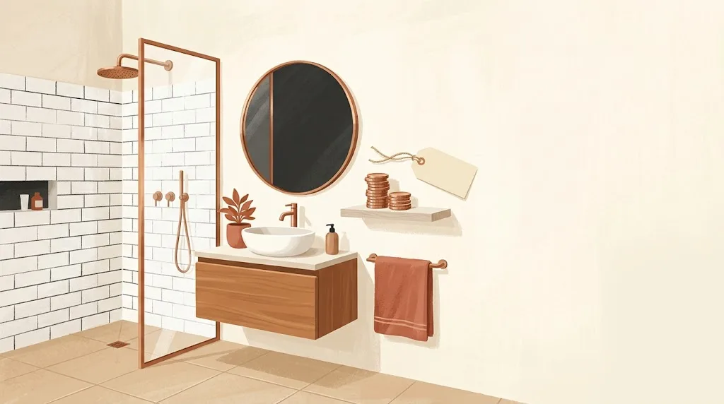 Baño reformado con ducha, lavabo y espejo, con unas monedas y una etiqueta de precio en blanco sobre la balda