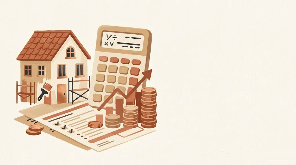 Calculadora de ayuda Next Generation: una calculadora junto a una casita y un impreso de subvención con pilas de monedas que muestran una cuantía estimada