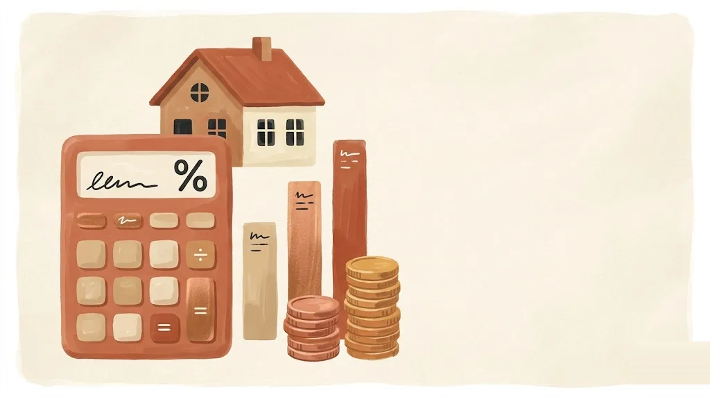 Calculadora de financiación de reforma: una calculadora con una casita, barras de cuota mensual y un símbolo de porcentaje junto a pilas de monedas