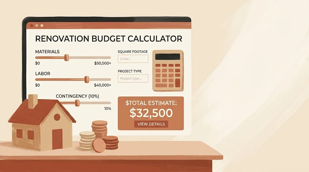 Calculadora de presupuesto de reforma: una calculadora junto a una casita y pilas de monedas con deslizadores y una cifra de resultado
