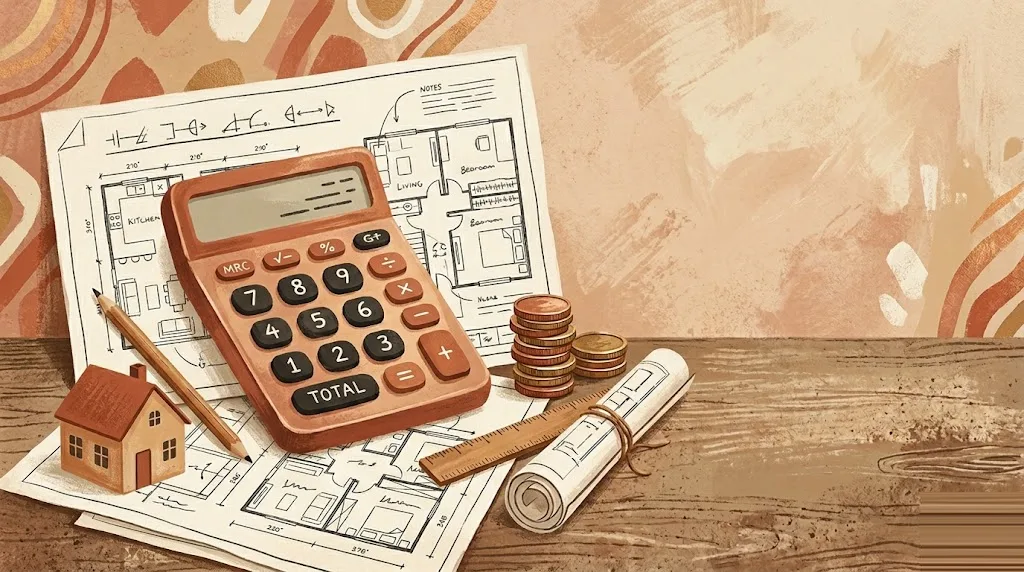 Calculadoras de reforma: una calculadora grande sobre planos de vivienda con un lápiz, una pila de monedas y una pequeña maqueta de casa