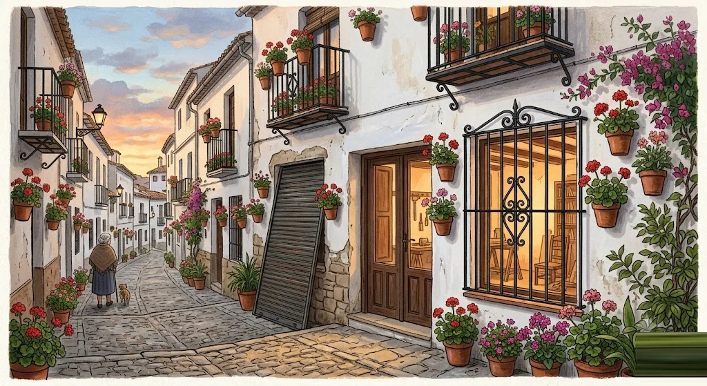 Calle encalada de un barrio andaluz con macetas de geranios y un antiguo local de planta baja en obras de conversión a vivienda, con la persiana metálica retirada y una ventana con reja recién instalada