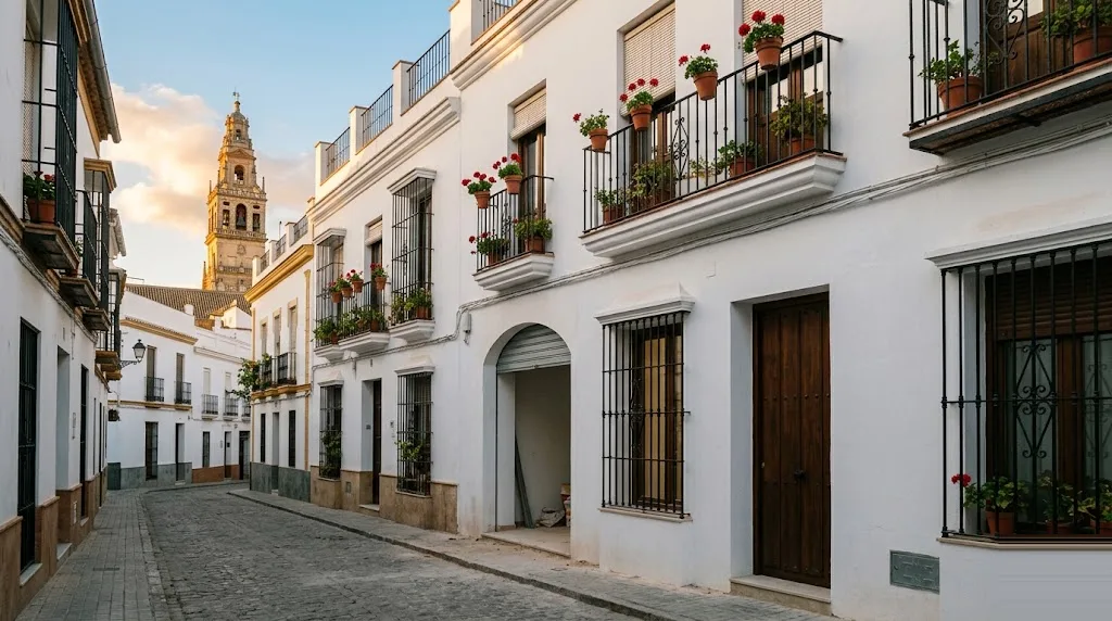 Calle de un barrio residencial de Córdoba con casas encaladas, rejas de forja y macetas de geranios, y un antiguo local de planta baja en obras de conversión a vivienda con la persiana retirada y una ventana nueva con reja
