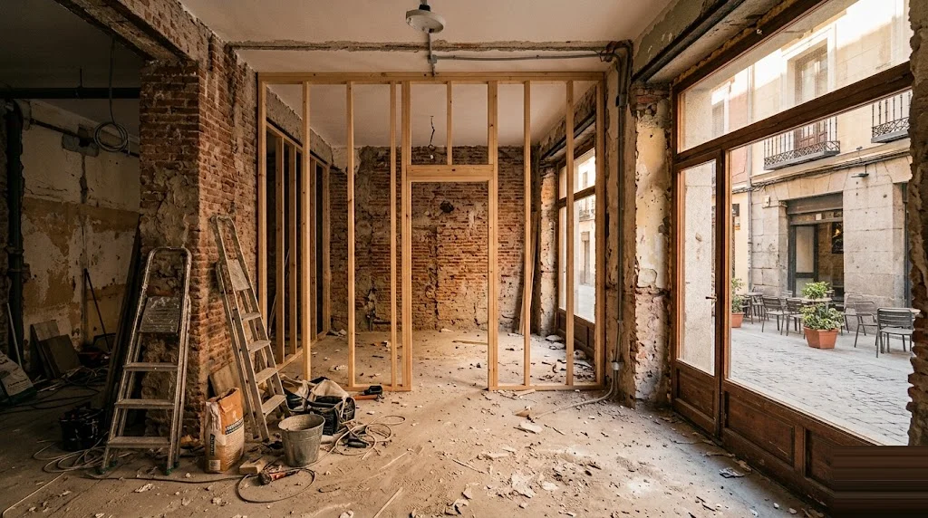 Antigua oficina en planta baja de un edificio residencial español a medio convertir en vivienda, con tabiquería nueva recién levantada y una ventana abierta a la calle