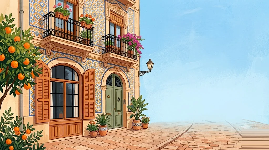 Calle valenciana soleada con fachada modernista de azulejos y naranjos, con un antiguo local de planta baja convertido en vivienda con ventana y contraventanas de madera