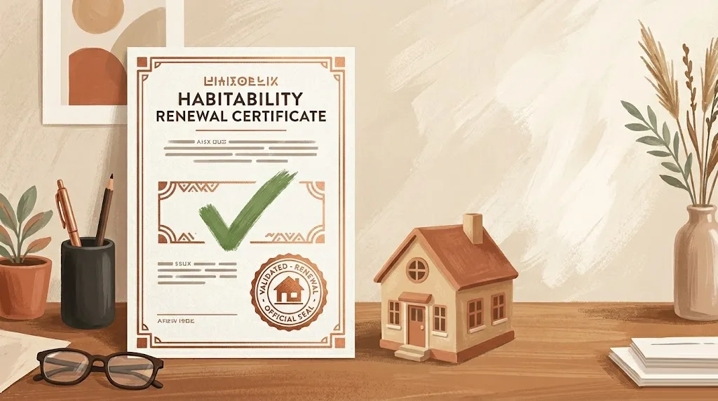 Casita recién reformada junto a un documento oficial con una marca de verificación verde y un sello de cobre, con luz cálida