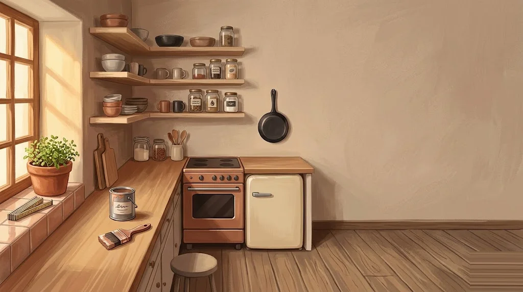 Cocina compacta con estantes abiertos de madera clara, bote de pintura y brocha sobre la encimera, cinta métrica doblada y maceta de barro con plantas en la ventana