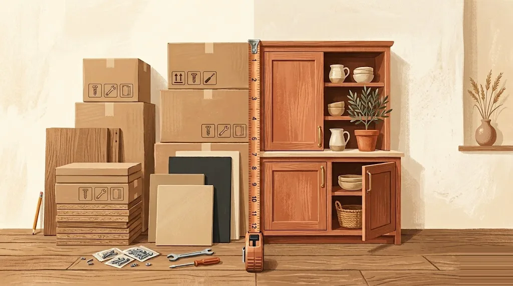 Dos enfoques de mueble de cocina enfrentados: a la izquierda módulos en caja listos para montar, a la derecha un mueble a medida artesanal