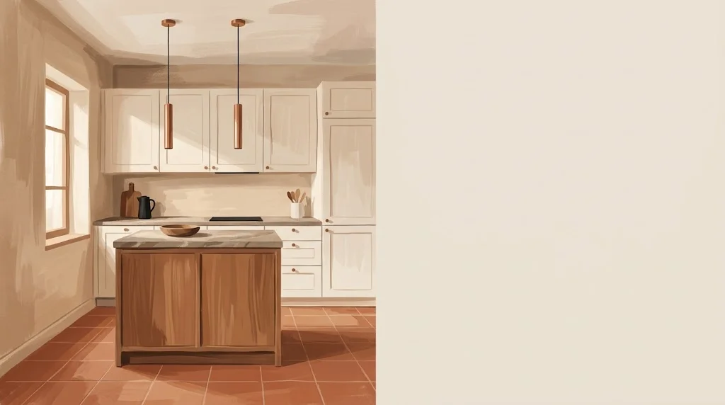 Cocina compacta con isla central de madera y encimera de piedra cálida, lámparas colgantes de cobre y luz suave lateral