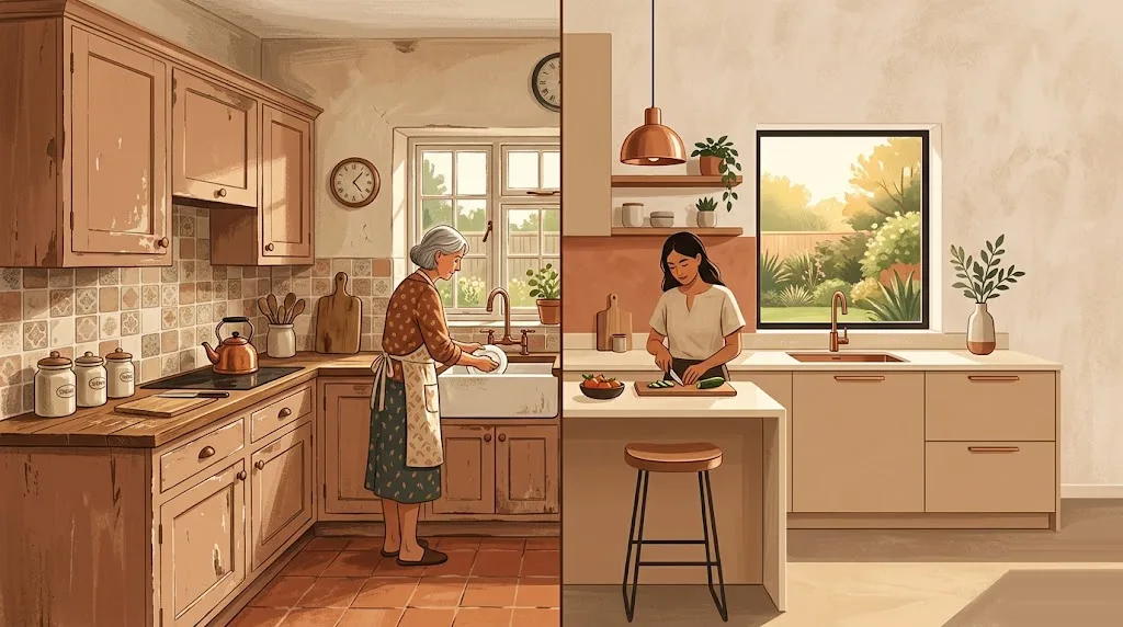 Una cocina partida por la mitad: a la izquierda una cocina antigua y desgastada, a la derecha una cocina nueva y moderna