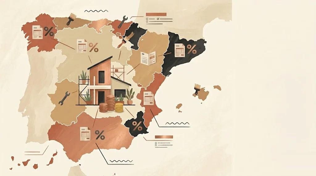 Deducciones autonómicas del IRPF por reforma: un mapa estilizado de España con un símbolo de porcentaje y pequeños impresos fiscales sobre distintas regiones, junto a una casa y monedas