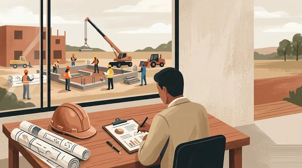 La dirección facultativa de una obra: un casco de arquitecto, planos enrollados y un portapapeles sobre una mesa que domina una pequeña escena de construcción