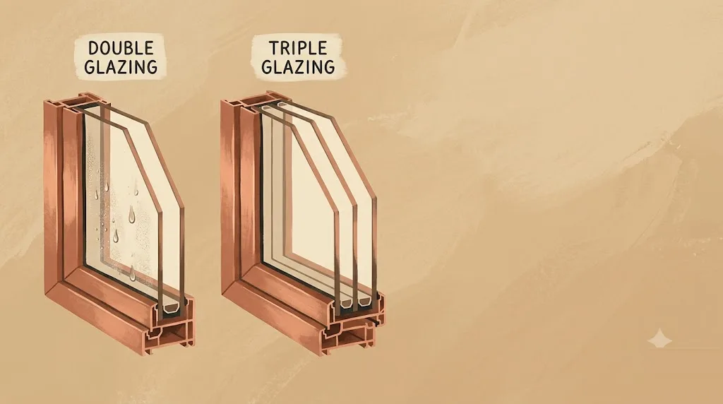 Comparación en sección de una ventana de doble y otra de triple acristalamiento, con las cámaras de argón entre los vidrios