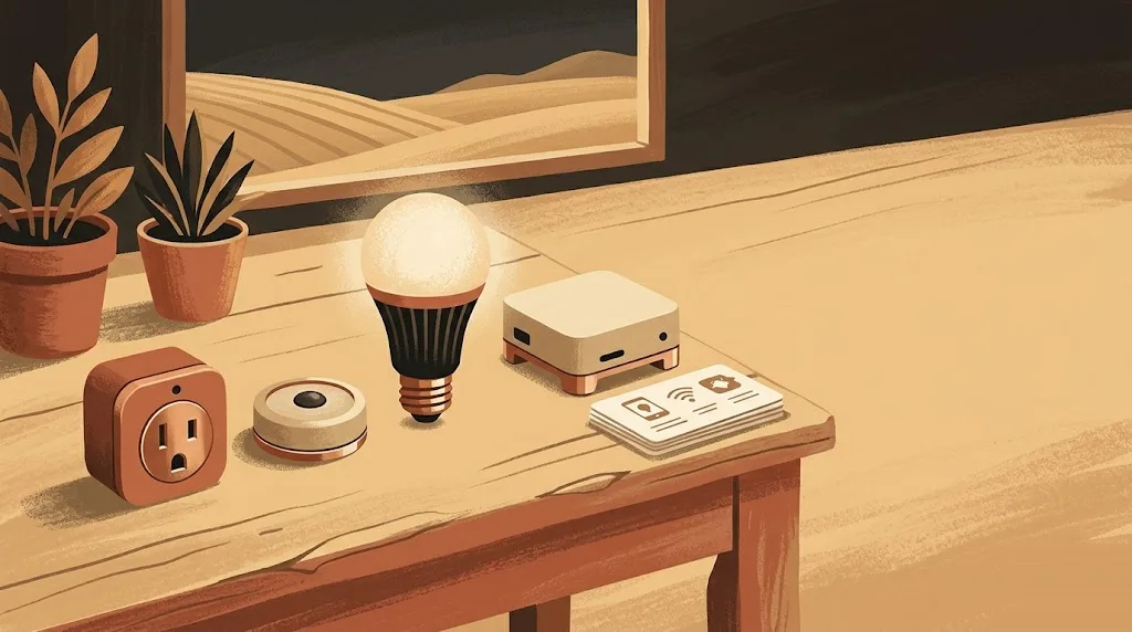 Un kit básico de domótica para el hogar desplegado sobre una mesa: un enchufe inteligente, un sensor, una bombilla inteligente y un pequeño concentrador, sin obra